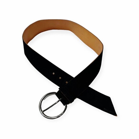 Miu Miu Black Suede Wide Belt with Large Round Buckle, Size‎ 90/36 - Picture 2 of 11